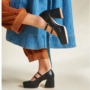 Charlotte Stone Bizzy Platform Mary Jane Heels Black Leather Double Strap Size 9